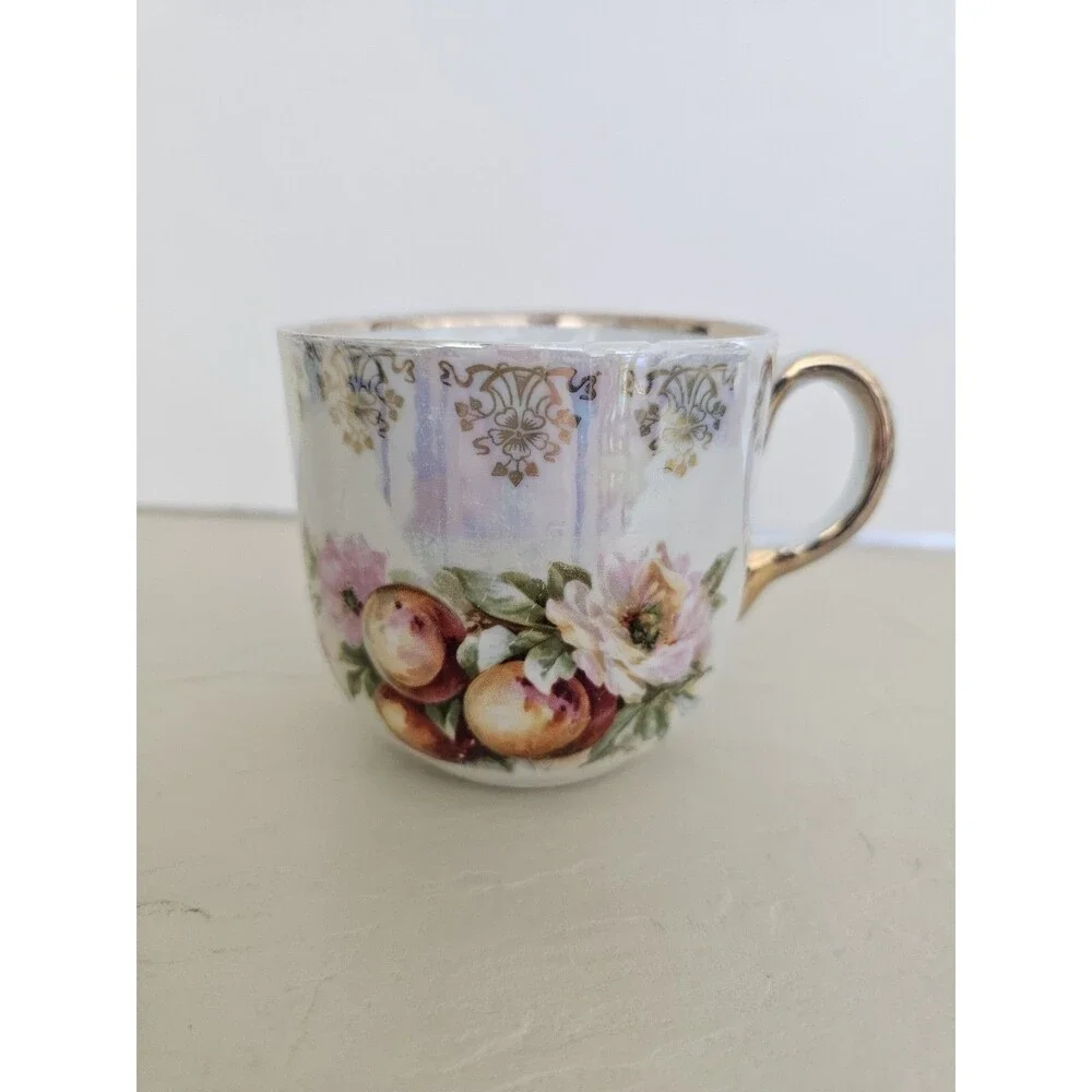 Vintage German Iridescent Cup With Flowers, Fruit, and Gold Details